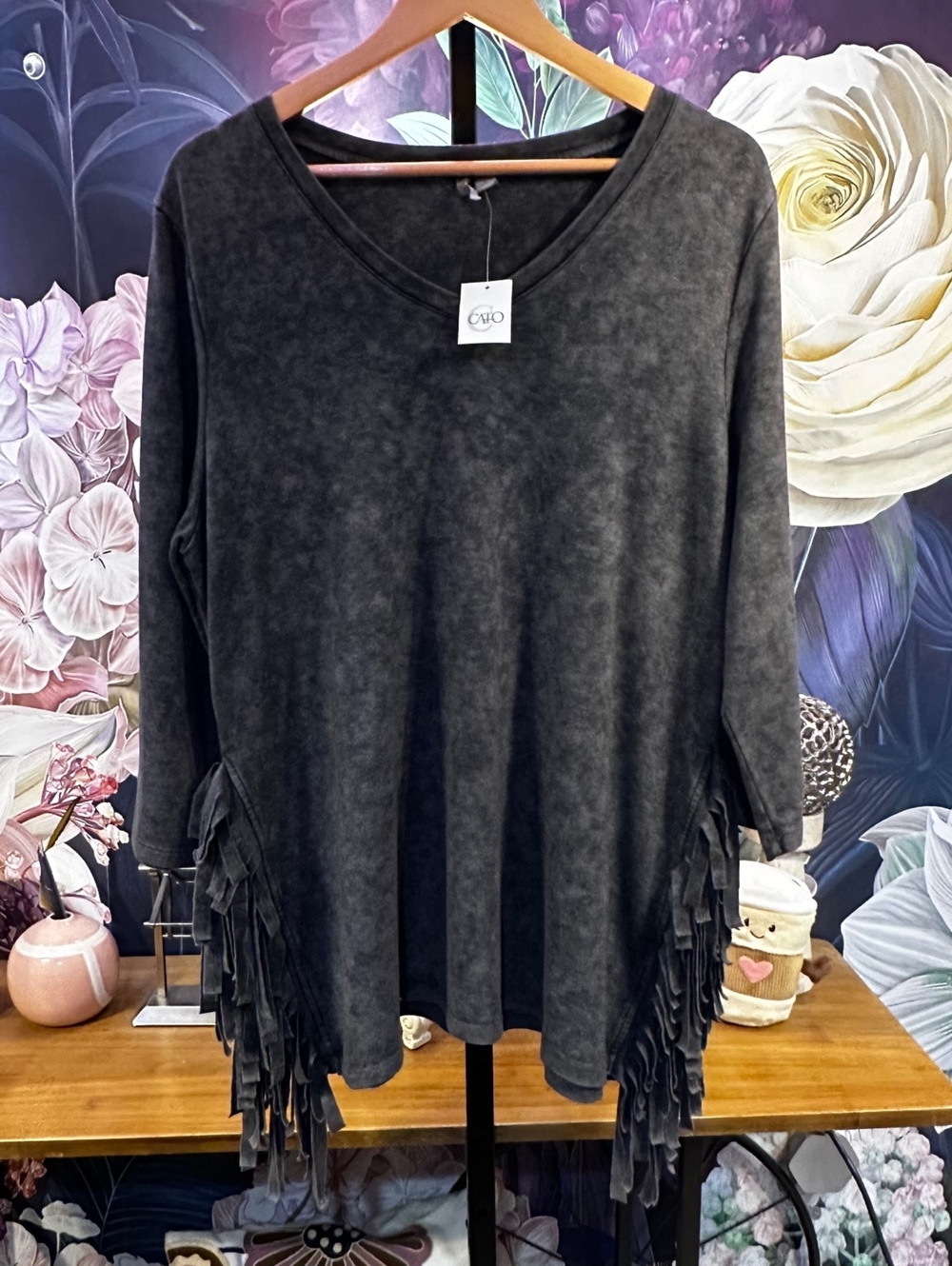 Cato L Fringe Grunge Edgy Boho Y2K Rocker NWT Charcoal Washed Women's Top